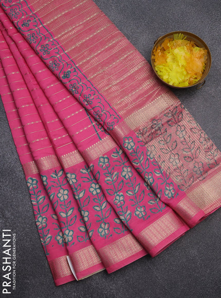 Semi chanderi saree pink with allover zari weaves and long printed zari border