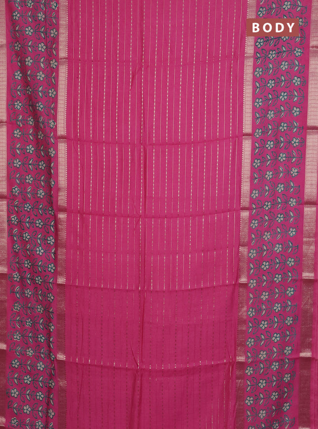 Semi chanderi saree pink with allover zari weaves and long printed zari border