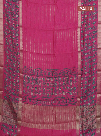 Semi chanderi saree pink with allover zari weaves and long printed zari border