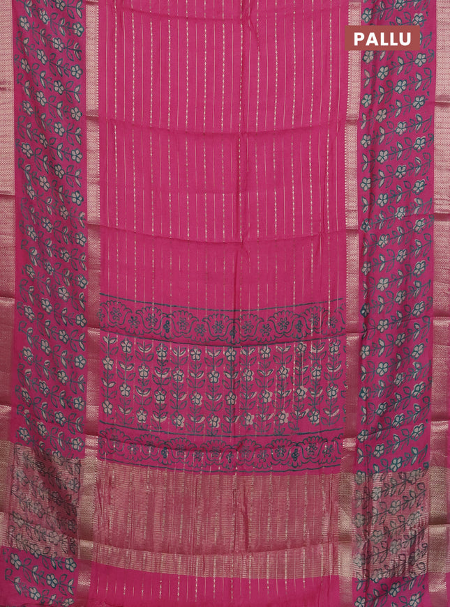 Semi chanderi saree pink with allover zari weaves and long printed zari border