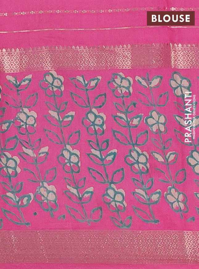 Semi chanderi saree pink with allover zari weaves and long printed zari border