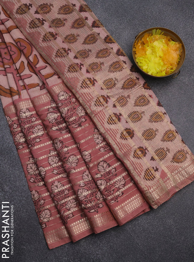 Semi chanderi saree pastel peach with allover ajrakh prints and long printed zari border