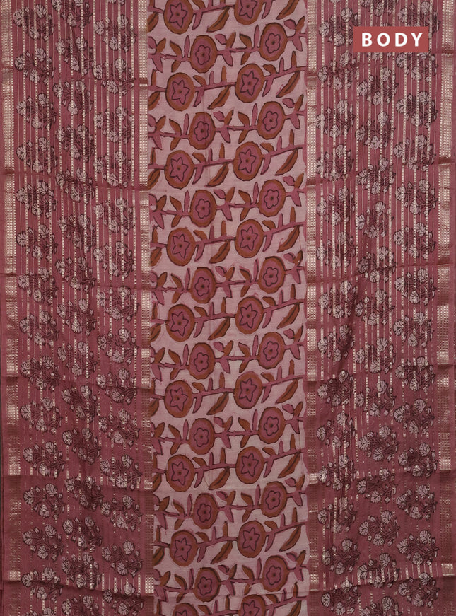 Semi chanderi saree pastel peach with allover ajrakh prints and long printed zari border