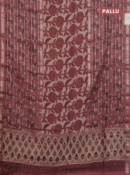 Semi chanderi saree pastel peach with allover ajrakh prints and long printed zari border