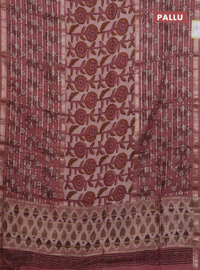 Semi chanderi saree pastel peach with allover ajrakh prints and long printed zari border