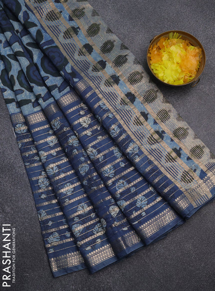 Semi chanderi saree indigo blue and blue with allover ajrakh prints and long printed zari border