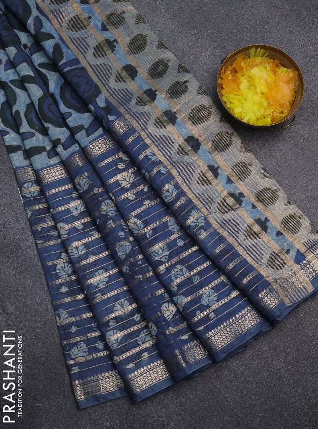 Semi chanderi saree indigo blue and blue with allover ajrakh prints and long printed zari border