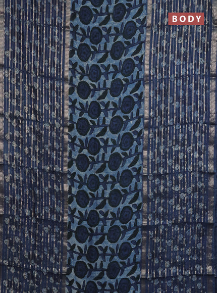 Semi chanderi saree indigo blue and blue with allover ajrakh prints and long printed zari border