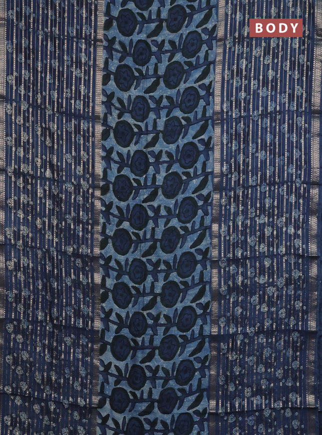 Semi chanderi saree indigo blue and blue with allover ajrakh prints and long printed zari border