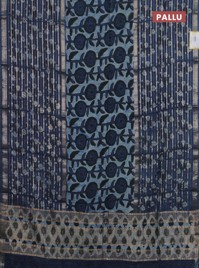 Semi chanderi saree indigo blue and blue with allover ajrakh prints and long printed zari border