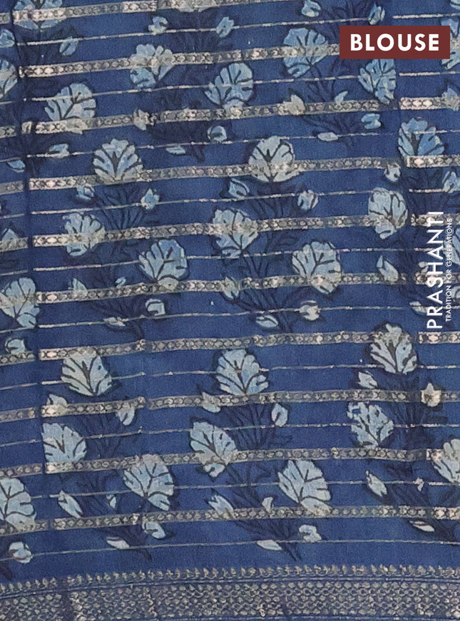 Semi chanderi saree indigo blue and blue with allover ajrakh prints and long printed zari border