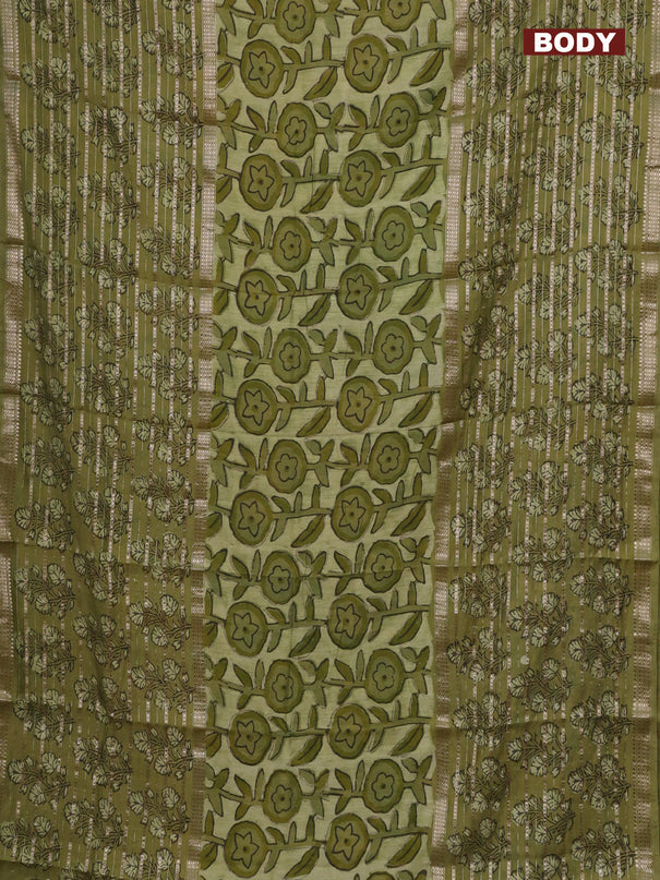 Semi chanderi saree pista green and green shade with allover ajrakh prints and long printed zari border