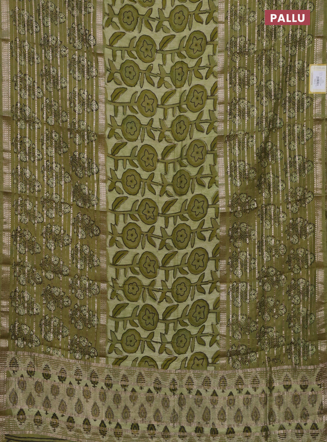 Semi chanderi saree pista green and green shade with allover ajrakh prints and long printed zari border