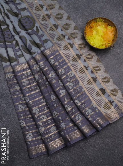 Semi chanderi saree grey shade and grey with allover ajrakh prints and long printed zari border