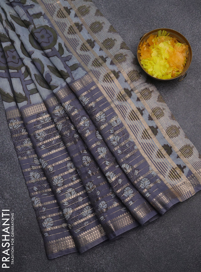 Semi chanderi saree grey shade and grey with allover ajrakh prints and long printed zari border