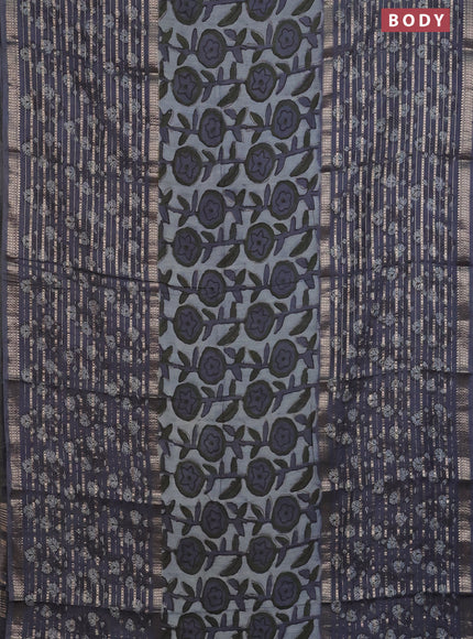 Semi chanderi saree grey shade and grey with allover ajrakh prints and long printed zari border