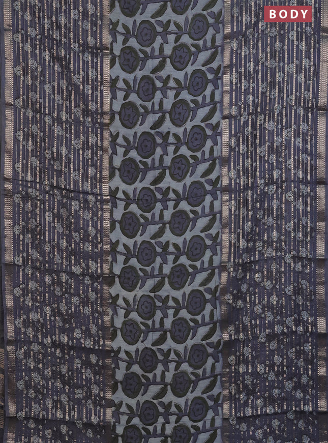 Semi chanderi saree grey shade and grey with allover ajrakh prints and long printed zari border