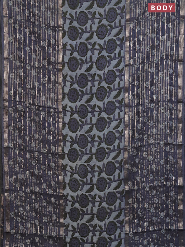 Semi chanderi saree grey shade and grey with allover ajrakh prints and long printed zari border