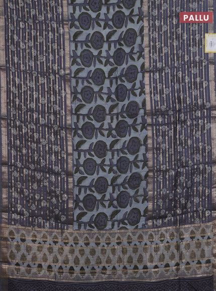 Semi chanderi saree grey shade and grey with allover ajrakh prints and long printed zari border