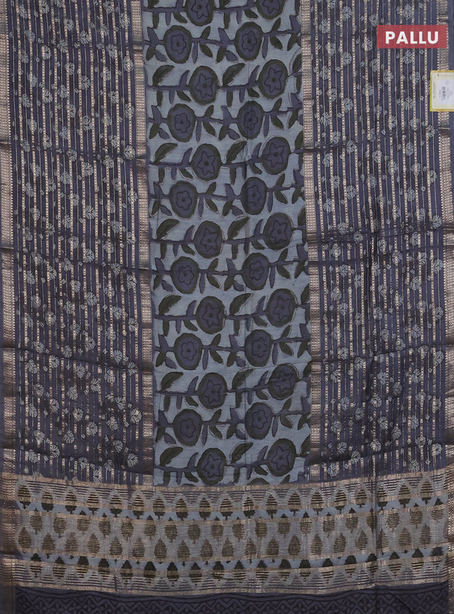 Semi chanderi saree grey shade and grey with allover ajrakh prints and long printed zari border