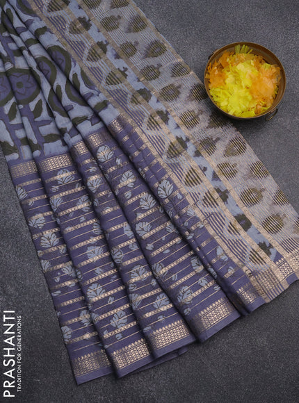 Semi chanderi saree grey with allover ajrakh prints and long printed zari border