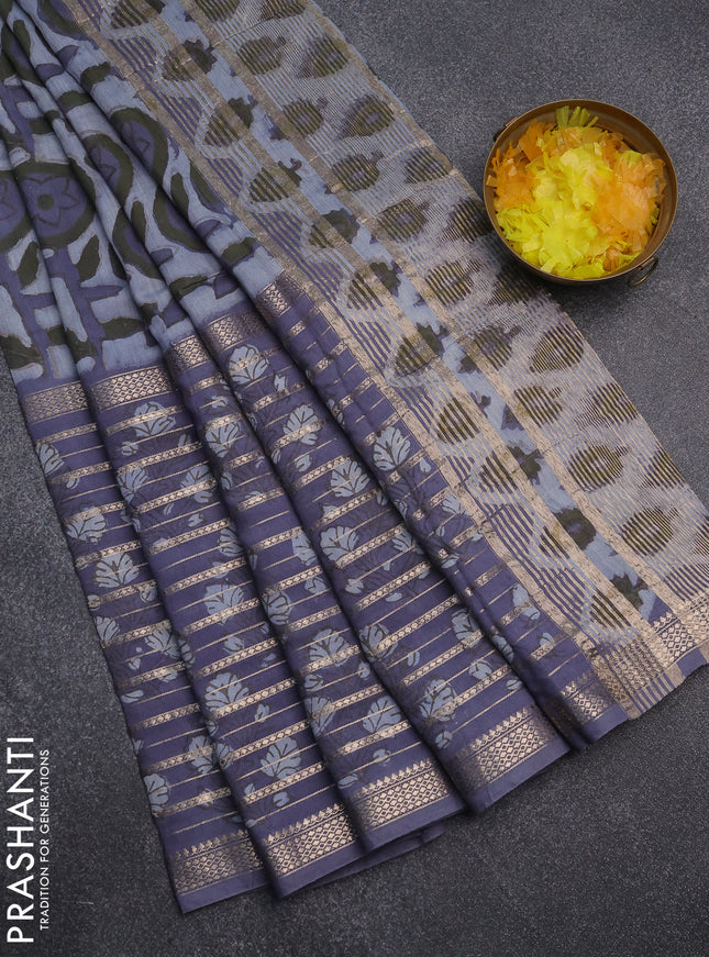 Semi chanderi saree grey with allover ajrakh prints and long printed zari border
