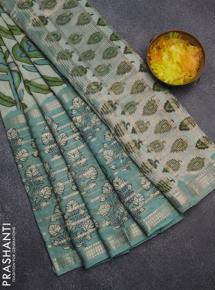 Semi chanderi saree pastel green with allover ajrakh prints and long printed zari border