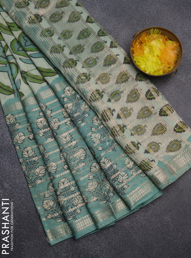 Semi chanderi saree pastel green with allover ajrakh prints and long printed zari border