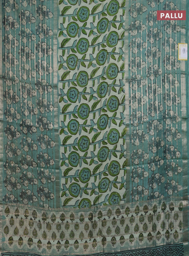 Semi chanderi saree pastel green with allover ajrakh prints and long printed zari border