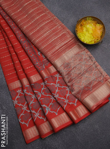 Semi chanderi saree rustic maroon with allover zari weaves and long printed zari border