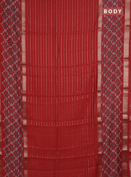 Semi chanderi saree rustic maroon with allover zari weaves and long printed zari border