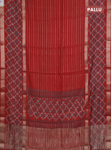 Semi chanderi saree rustic maroon with allover zari weaves and long printed zari border