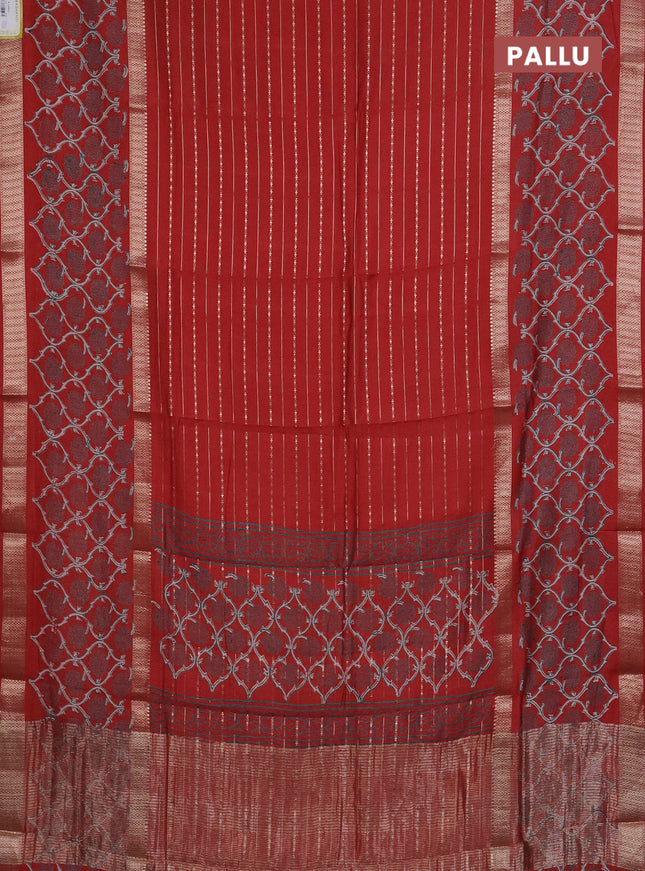 Semi chanderi saree rustic maroon with allover zari weaves and long printed zari border