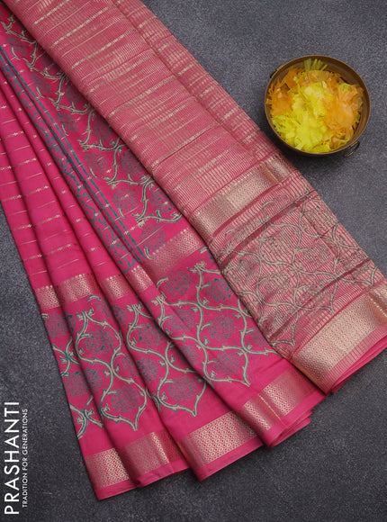 Semi chanderi saree pink with allover zari weaves and long printed zari border