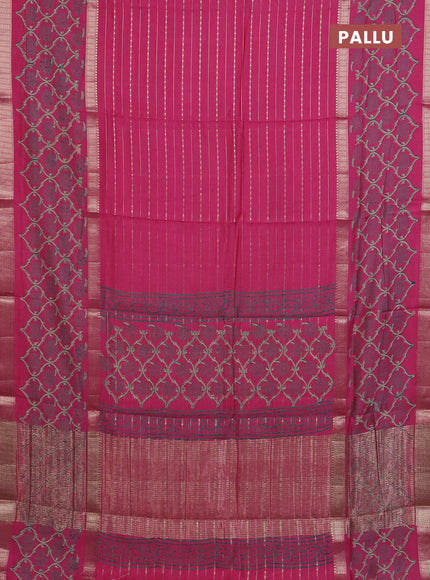 Semi chanderi saree pink with allover zari weaves and long printed zari border