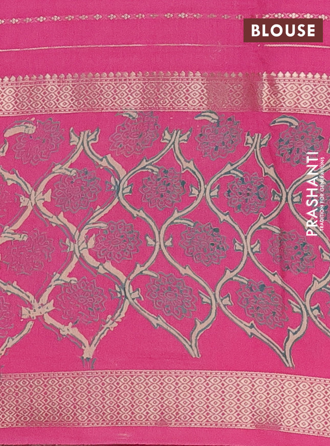 Semi chanderi saree pink with allover zari weaves and long printed zari border