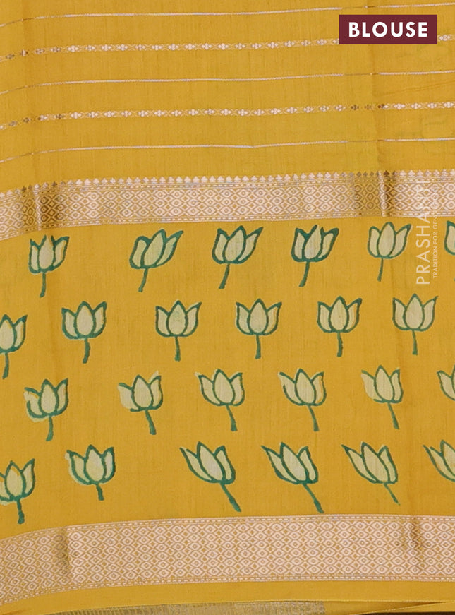 Semi chanderi saree yellow with allover zari weaves and long printed zari border