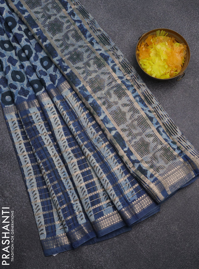 Semi chanderi saree indigo blue and blue with allover ajrakh prints and long printed zari border