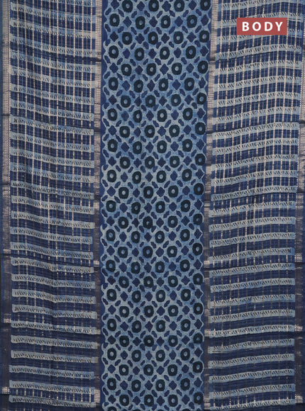 Semi chanderi saree indigo blue and blue with allover ajrakh prints and long printed zari border