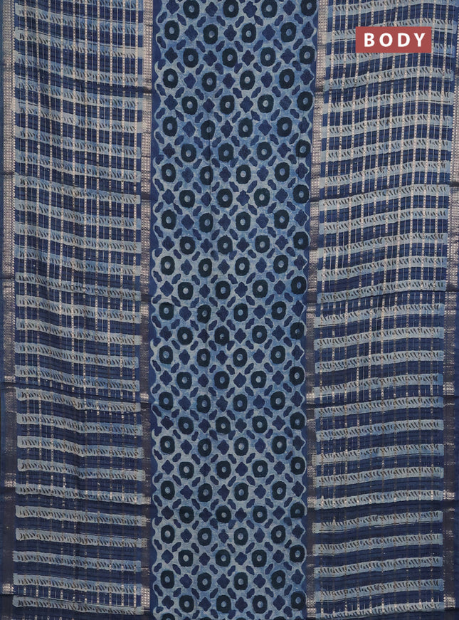 Semi chanderi saree indigo blue and blue with allover ajrakh prints and long printed zari border