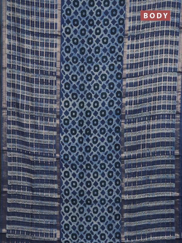 Semi chanderi saree indigo blue and blue with allover ajrakh prints and long printed zari border