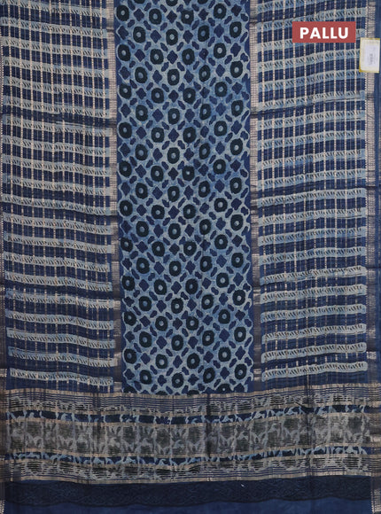 Semi chanderi saree indigo blue and blue with allover ajrakh prints and long printed zari border