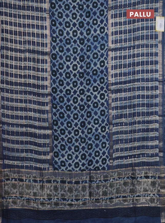 Semi chanderi saree indigo blue and blue with allover ajrakh prints and long printed zari border