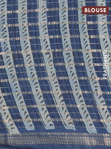 Semi chanderi saree indigo blue and blue with allover ajrakh prints and long printed zari border