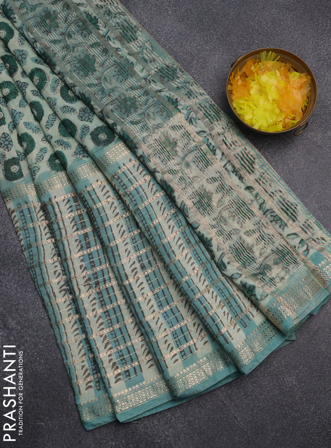 Semi chanderi saree pista green shade and teal green with allover ajrakh prints and long printed zari border