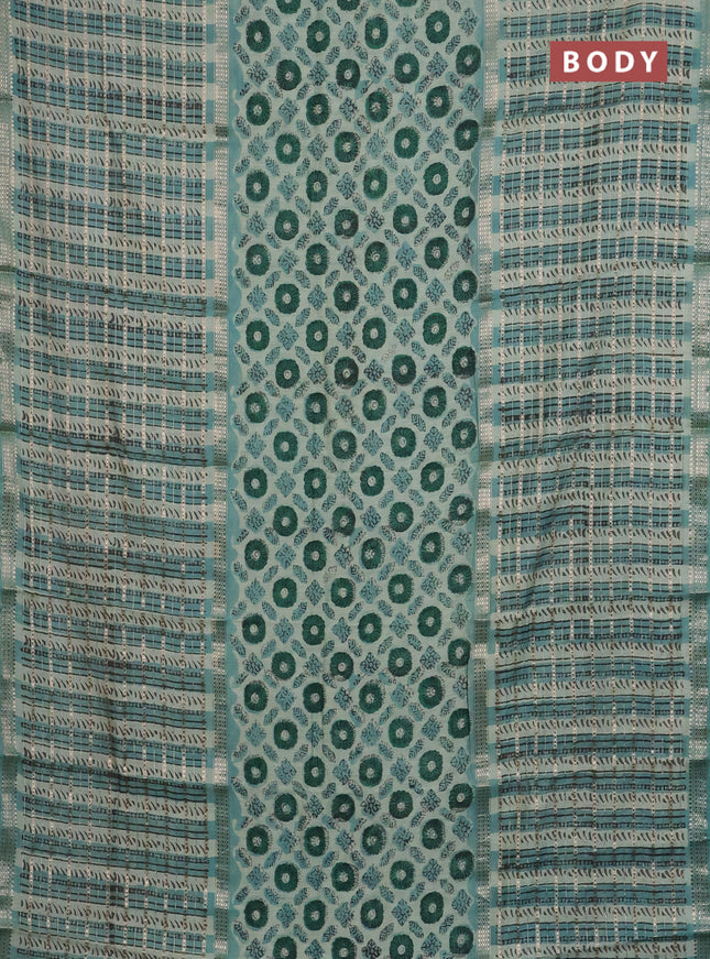 Semi chanderi saree pista green shade and teal green with allover ajrakh prints and long printed zari border