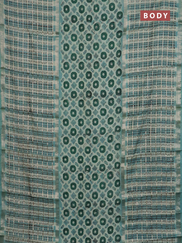 Semi chanderi saree pista green shade and teal green with allover ajrakh prints and long printed zari border