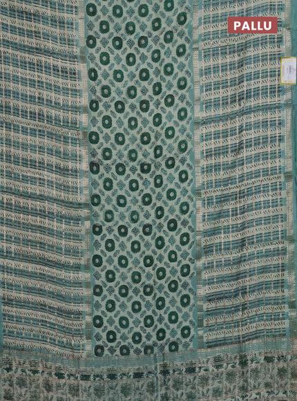Semi chanderi saree pista green shade and teal green with allover ajrakh prints and long printed zari border