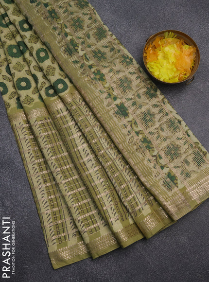 Semi chanderi saree lime green and green with allover ajrakh prints and long printed zari border