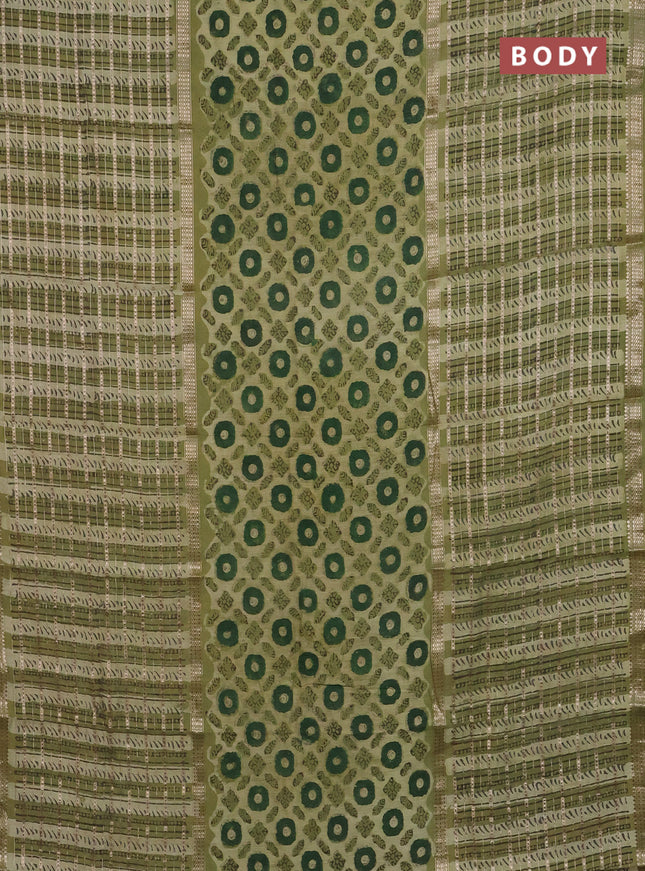 Semi chanderi saree lime green and green with allover ajrakh prints and long printed zari border